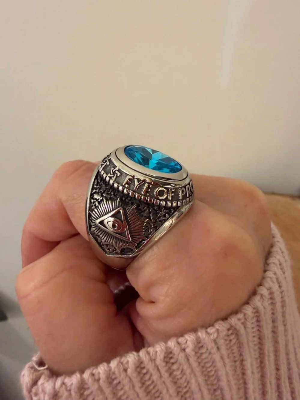 Men's Silver-Tone Ring with Bright Blue Gem and Ram Accent